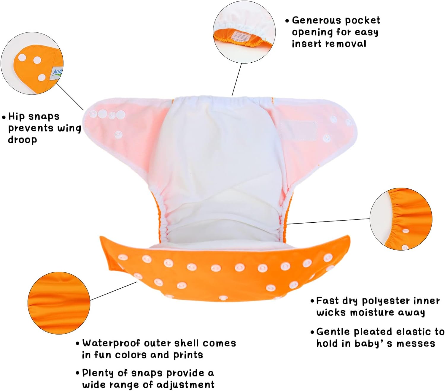 AnAnBaby Reusable Cloth Diapers for Babys, One Size Adjustable Washable Pocket Nappy Covers 6 Pack with 9pcs Microfiber Inserts for Toddler Boys & Girls - Image 4